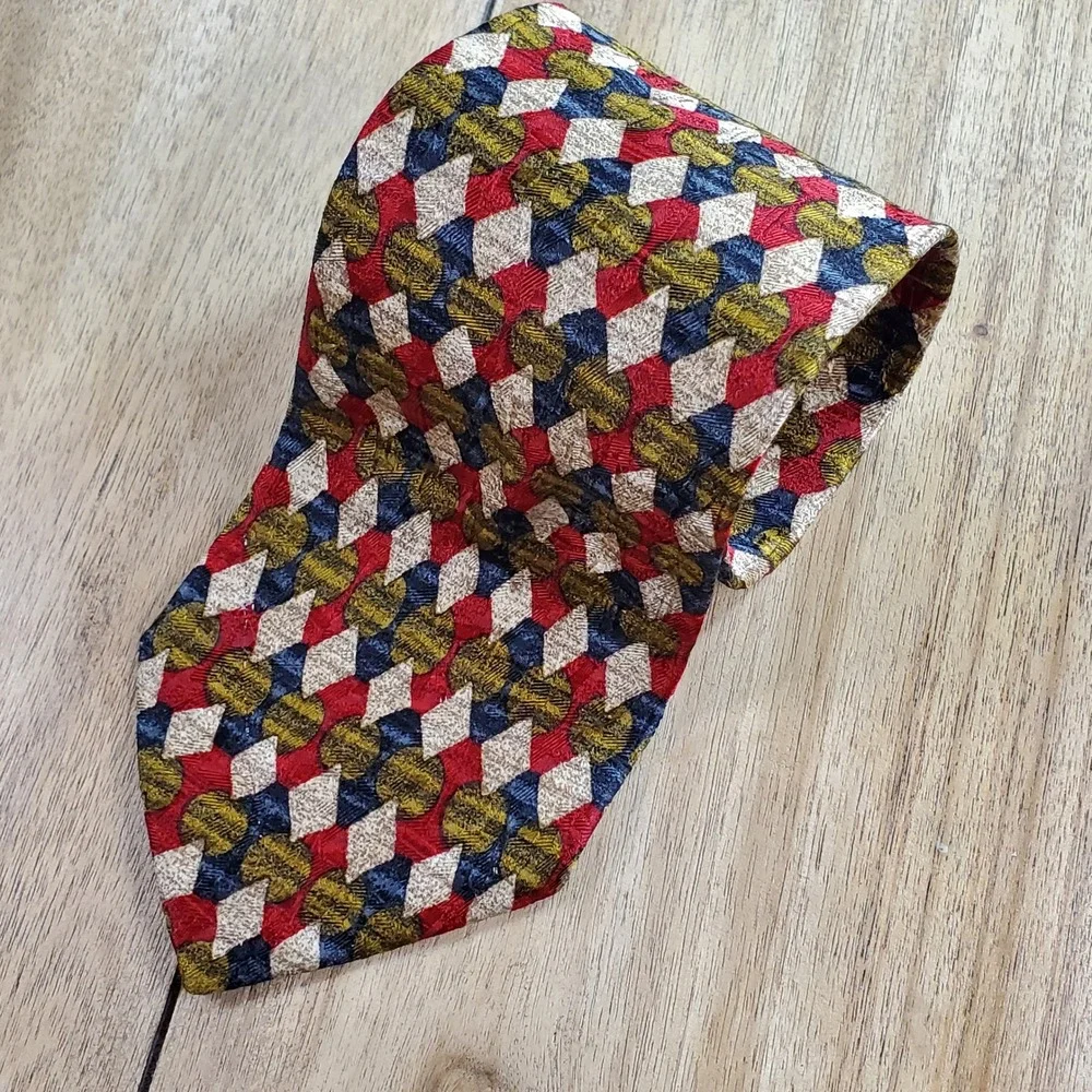 Ermenegildo Zegna Silk Tie Mens One Size Red Blue Gold Geometric Made in Italy